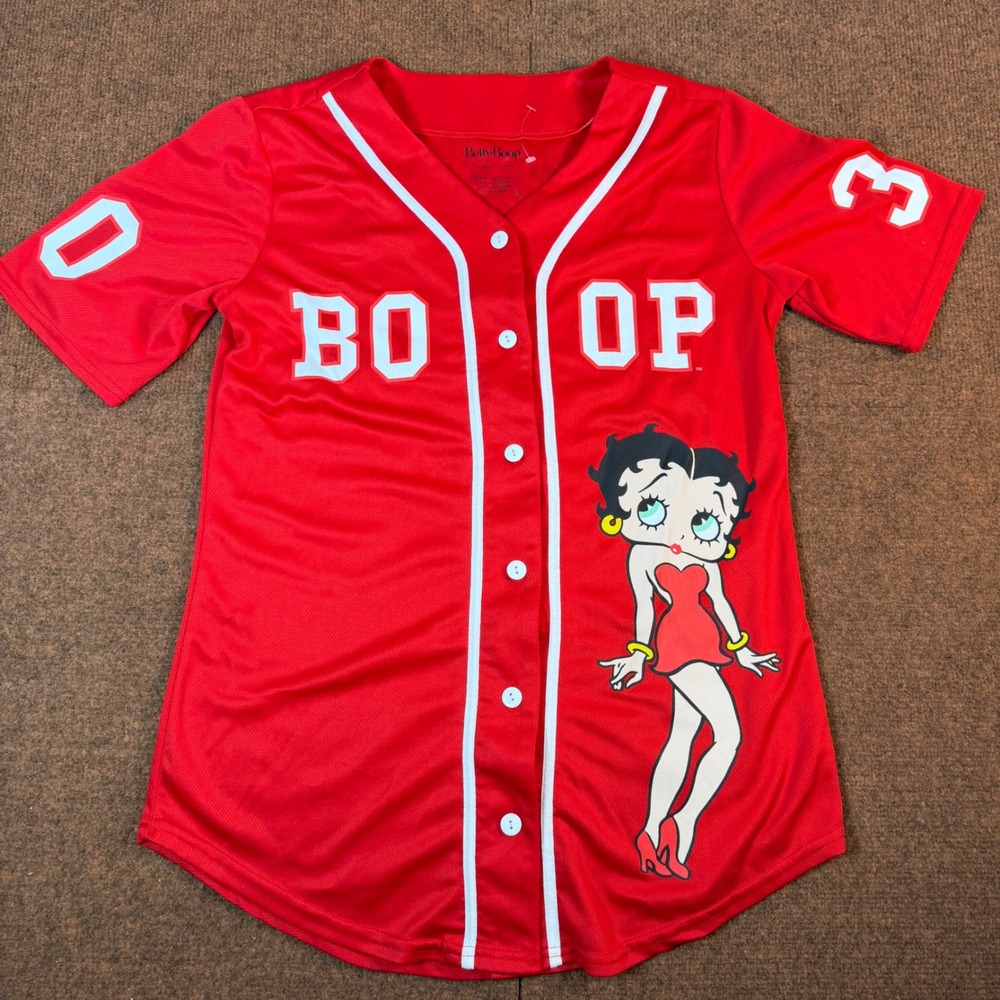 Betty Boop Baseball Jersey Women Red Mesh Button Front Graphic Shirt Large 2630
